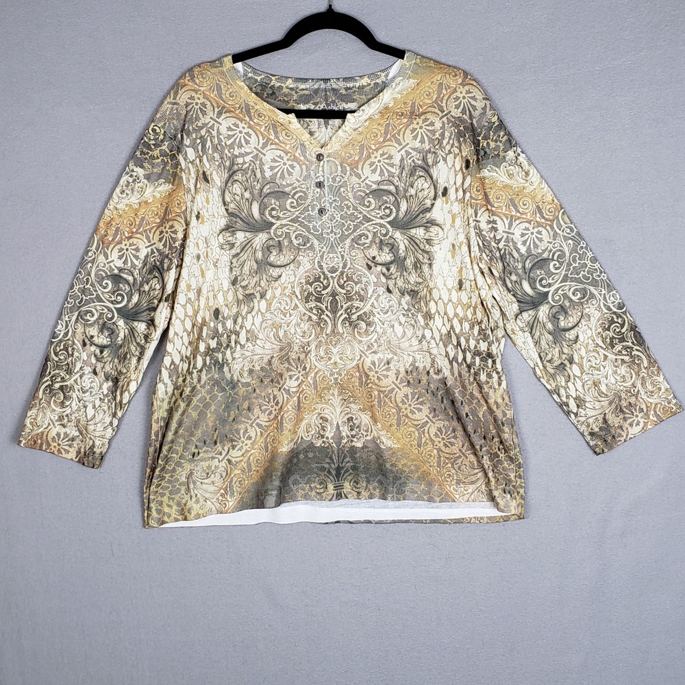 Jane Ashley 1X Lightweight 3/4 Sleeve Henley‎ Sweater Gray Gold Kaleidoscope Art